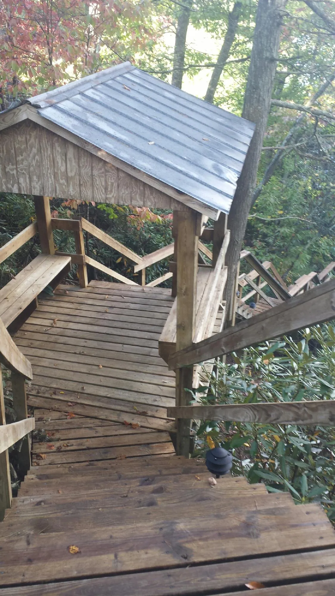 Metal roofed shelter over wooden steps on a wooded walkway — Skylight Repair & Installation work by our crew in Potomac